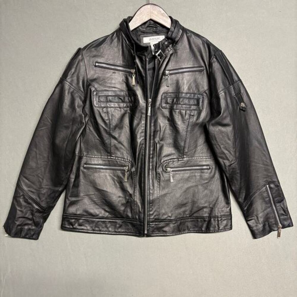 Avenue Leather Jacket Womens 14 Black Excellent Moto Biker Multi-Pocket Utility